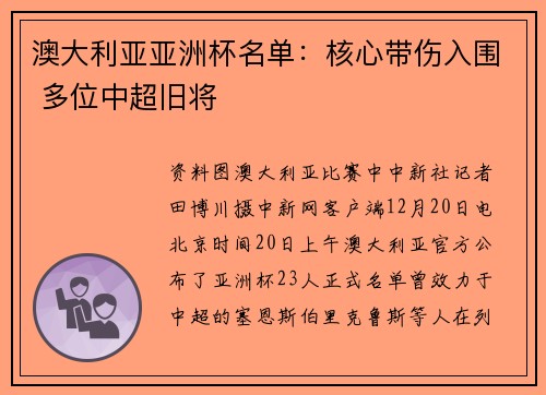 澳大利亚亚洲杯名单：核心带伤入围 多位中超旧将